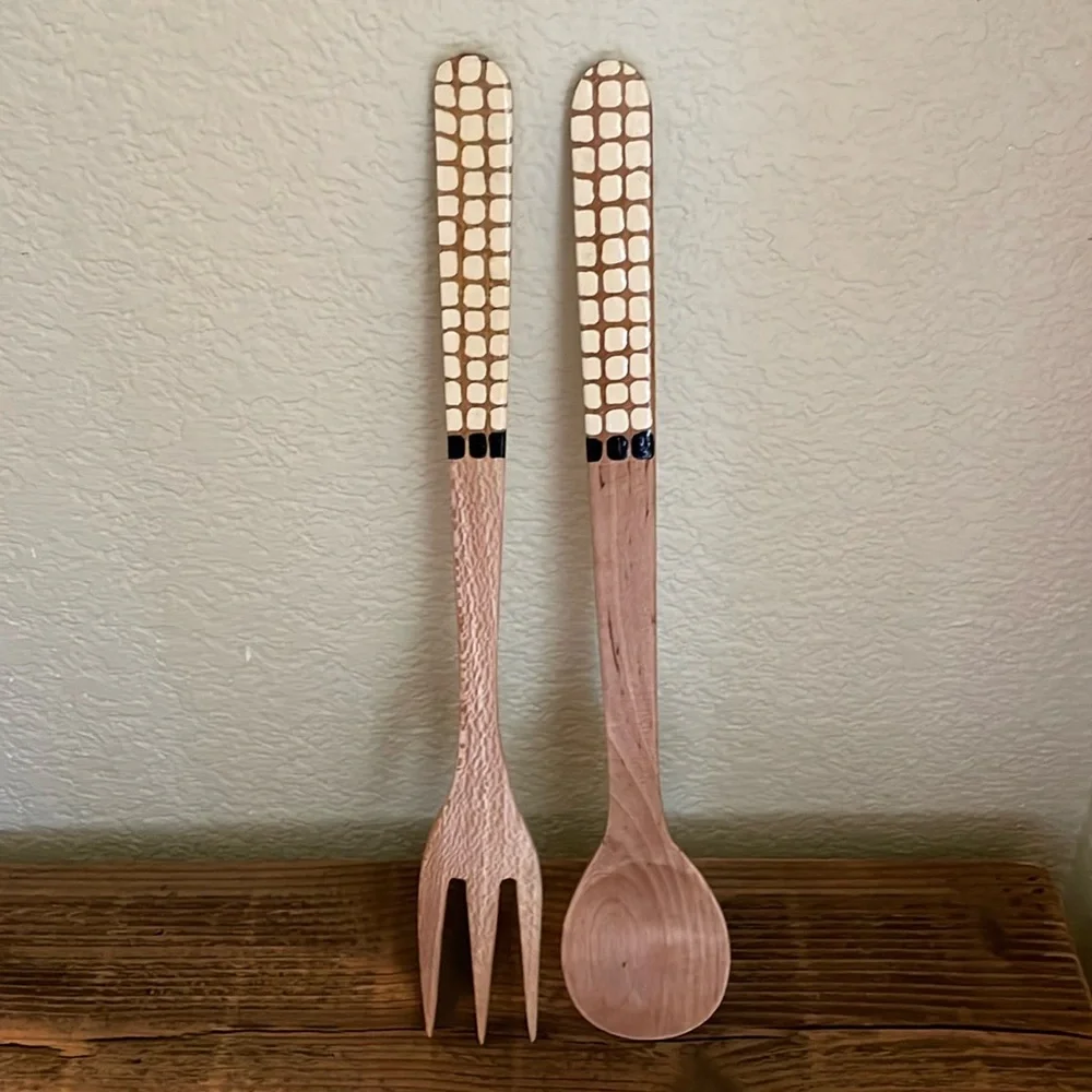 Artisan-made in Portugal Wooden Serving Spoon and Fork, hand-painted, ~14”